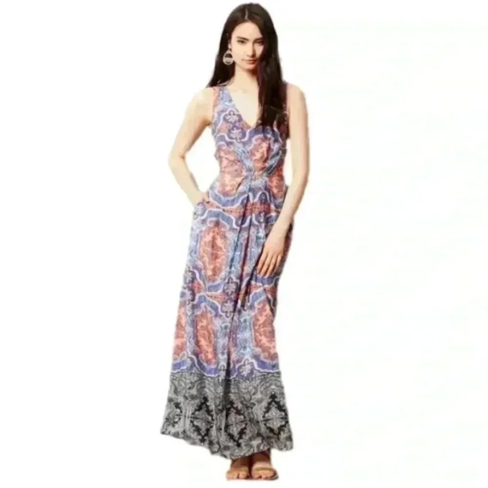 Anthropologie Maeve Medallion 100% Silk Cutout Maxi Dress Size 12 resort wear
